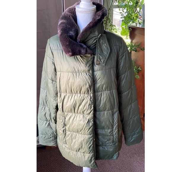 BARBOUR Green Mullein Faux Fur Collar Quilted Jacket Coat Size US 14 Sage Green - Picture 3 of 16